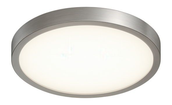 Modern circular LED ceiling light with a sleek metallic frame and frosted diffuser for uniform brightness on transparent background.
