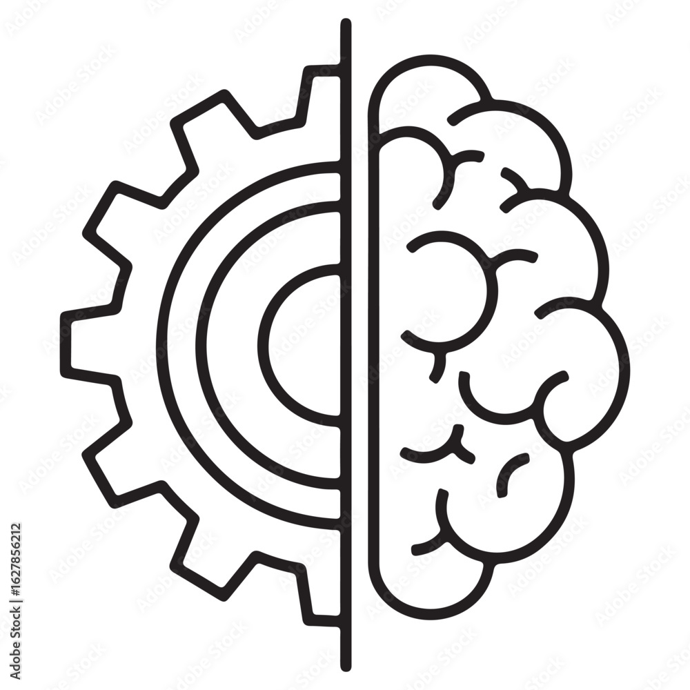 Poster symbolic representation of mind and machine a juxtaposition of a brain and a cogwheel in a striking 