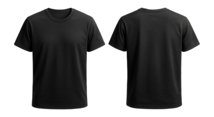 Front and back views of a plain black short-sleeve T-shirt on transparent background.