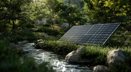 Solar panel nestled in a forest stream. Lush greenery surrounds a flowing creek
