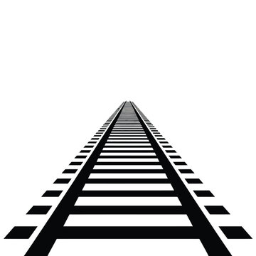 Perspective view of black and white train tracks stretching into the distance