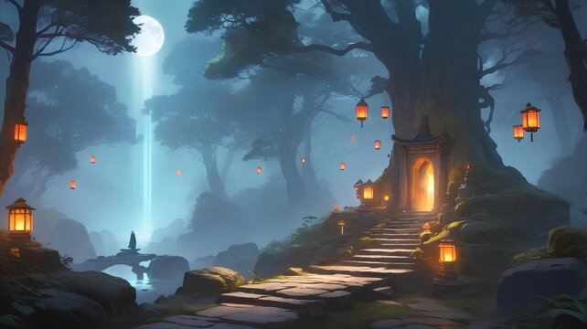Enchanted forest pathway leading to a magical glowing doorway in an ancient tree under a full moon.