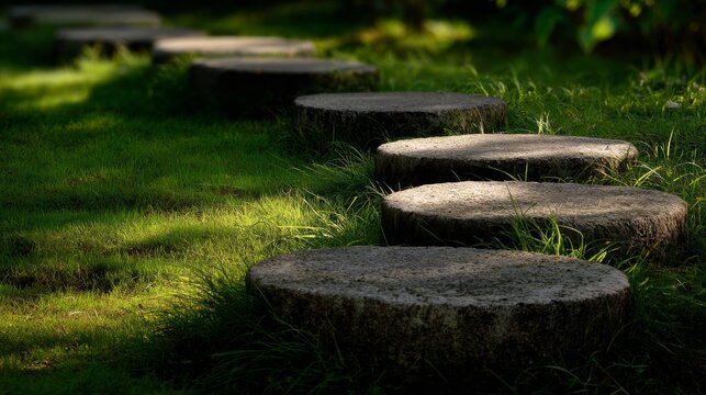 A sunlit stepping-stone path in a lush green lawn