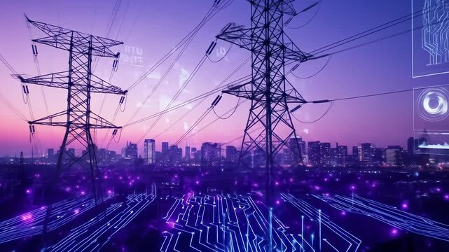 Electricity power line city technology digital energy futuristic skyline network innovation with futuristic power line cityscape digital interface, smart grid data network, and modern urban