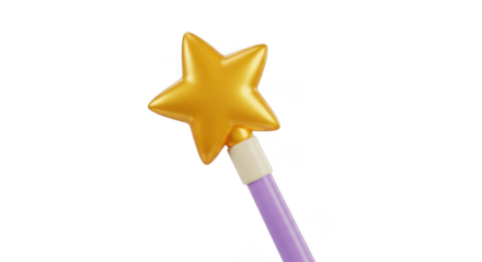 Golden star magic wand with purple handle isolated on transparent background