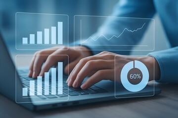 Hands typing on laptop with futuristic financial data visualizations overlay