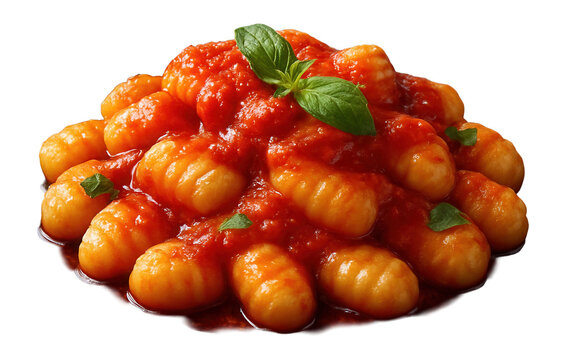 A delicious serving of gnocchi topped with rich tomato sauce and garnished with fresh basil leaves on transparent background. - Powered by Adobe