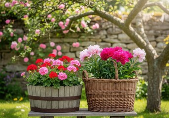 Obraz premium Pink and red flowers in baskets decorate a garden scene