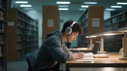 Student wearing headphones studies intently at a library desk under warm lighting.