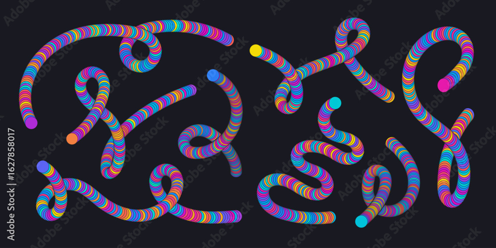 Poster set of bright abstract scribble elements. neon colorful modern twisted line shapes. bright vector op