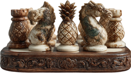 Chess pieces, artful detail in composition: A unique and elegant set of chess pieces, meticulously crafted with ornate details, inviting strategic play and thoughtful engagement.