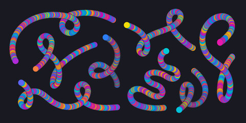 Set of Bright abstract scribble elements. Neon Colorful modern twisted line shapes. Bright vector optical illusion forms for web, digital art, poster, tech concept, artistic visual, modern layout