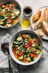 Hearty vegetable soup in bowls, with crusty bread