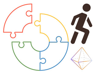 Colorful circular puzzle, walking figure symbolizing action and progress, transparent geometric shape for abstract ideas. Ideal for teamwork, progress, strategy, growth, innovation, problem solving