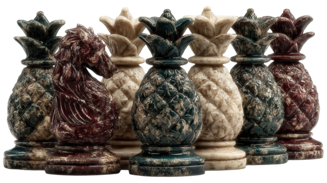 Artistic Chess Game: A meticulously arranged, artistic chess set with beautifully crafted pieces stands poised, ready for intellectual combat. Featuring pieces, symbolizing strategy and focus.