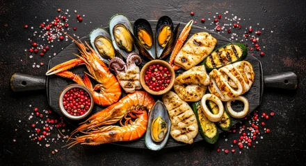 Crédence de cuisine Herbes - Seafood Platter with Grilled Fish, Shrimp & Mussels – Citrus and Sauce Garnish   © Hammad