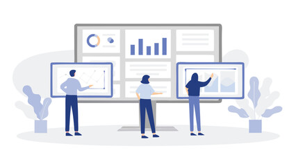 Three people analyzing data on large screens with charts and graphs in a meeting room setting view analysis