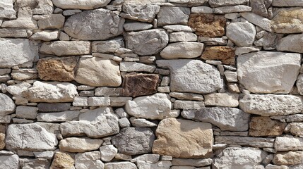Obraz premium Rustic stone wall with irregular stacked rocks, natural tones of gray and beige, seamless masonry texture, exterior construction or architectural background 