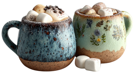Cozy Cocoa Cups: Two inviting mugs overflowing with rich, warm cocoa, crowned with fluffy marshmallows and a touch of cocoa powder, creating a warm and comforting feel. 