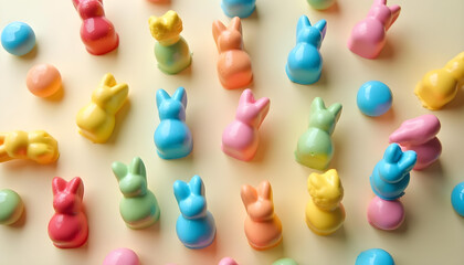Colorful easter eggs, A high-resolution, vibrant top-view image of colorful candy-coated chocolates bunties arranged neatly in a perfect circular pattern on a clean, light background. Each buntie is s