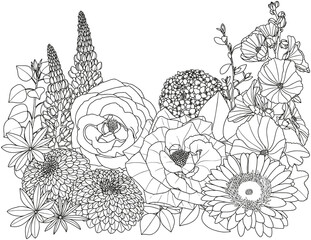 Abstract floral background. Coloring page for adults and children. Branches with leaves and flowers on a white background.