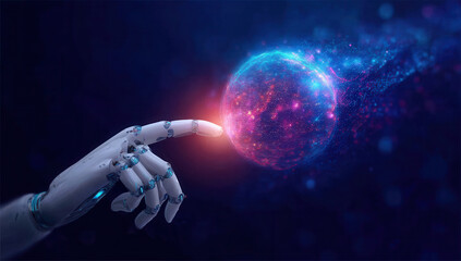 A robotic hand is touching the glowing digital sphere, an AI and big data concept on a dark blue background with a bokeh effect. The robotic arm in white color is holding an abstract, futuristic icon