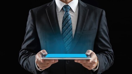 Professional businessman showcasing innovative technology on a sleek tablet with glowing blue interface