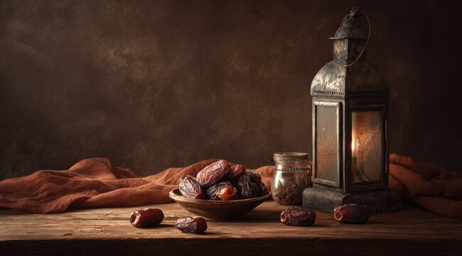 Dried dates in a bowl, beside a vintage lantern, on a rustic wooden table