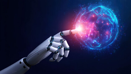 A robotic hand is touching the glowing digital sphere, an AI and big data concept on a dark blue background with a bokeh effect. The robotic arm in white color is holding an abstract, futuristic icon 