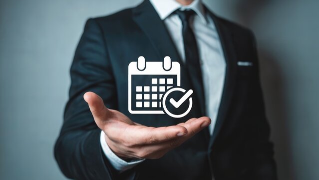 Professional businessman presents calendar icon with checkmark, symbolizing planning and completion