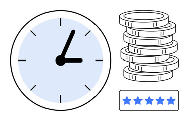 Clock symbolizing time, stacked coins representing wealth, and a five-star rating for quality. Ideal for time management, productivity, financial planning, efficiency, value, quality simple flat