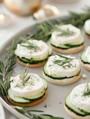 Cucumber and feta canapes, artistically garnished with rosemary sprigs as tiny wreaths, are elegantly displayed on a platter, perfect for festive holiday celebrations