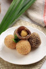 Onde-onde Sesame Seed Ball, Served on White Plate