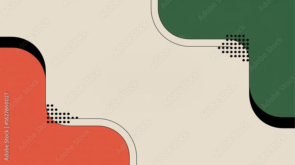 Poster abstract minimal background with red and green rounded shapes, curved lines and dotted elements for 
