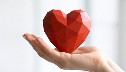 Geometric red heart held in open palm paper origami