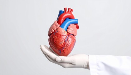 Realistic anatomical heart held by gloved hand human heart medical model