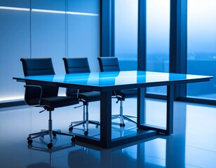 Modern conference room with blue glass table and chairs meeting room office