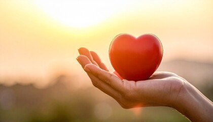Red heart held gently in open palm against golden sunset hand holding