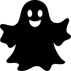 Black-and-white silhouette of a ghost with a smiling face, featuring two oval eyes and a wide curved mouth. The ghost’s body has wavy edges, suggesting motion and a flowing sheet-like form. This cheer