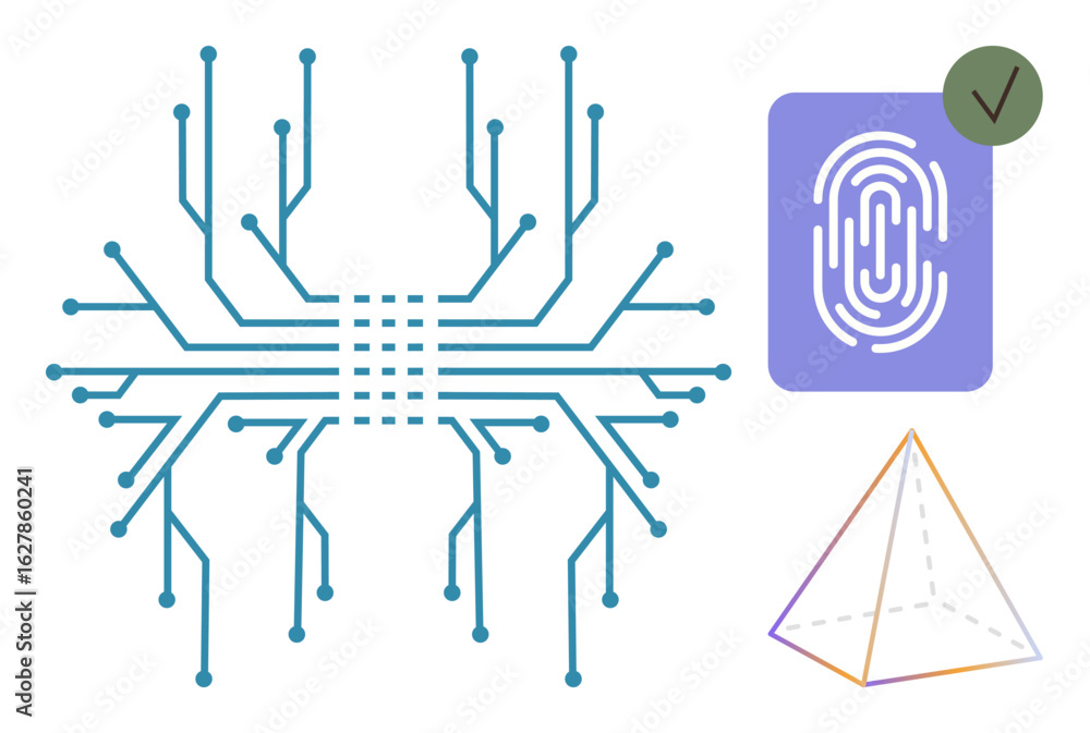 Poster network circuit lines with central core, fingerprint representing biometrics, geometric prism symbol
