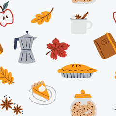 Seamless vector pattern with various cozy autumn elements. Hand drawn illustration in warm seasonal colors.