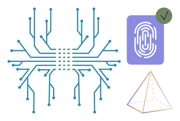 Network circuit lines with central core, fingerprint representing biometrics, geometric prism symbolizing abstract ideas. Ideal for technology, security, connection, innovation, future, digital