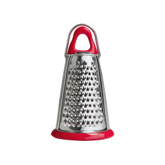 Red and stainless steel cheese grater.  A conical grater with a red handle and base, and a stainless steel grater surface