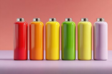 Colorful reusable water bottles in rainbow order, minimal pink and purple background, studio lighting and glossy finish, ideal for eco-friendly lifestyle or product branding
