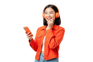 young woman listening to music and holding phone isolated on white