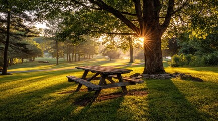 Naklejka premium Sunlit picnic table beneath a large tree in a park. Gentle morning light