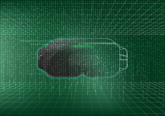 Digital code on VR glass half outline on square grid background, digital technology.