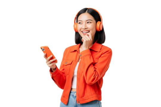 young woman listening to music and holding phone isolated on white   - Powered by Adobe