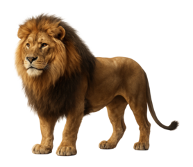 Majestic adult male lion with a lush mane standing proudly on transparent background.