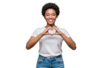 happy young girl raising her hands making a heart shape isolated on white background
